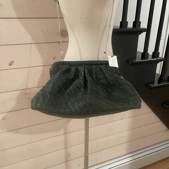 031 Anthropologie Woven Leather Clutch Dark with Chain NWT Emerald Green Leather - Picture 10 of 10